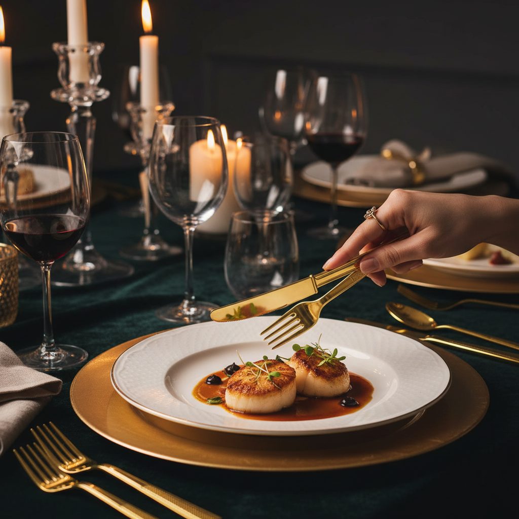Elegant gold plastic cutlery at a luxury indoor dinner party with candles and wine glasses