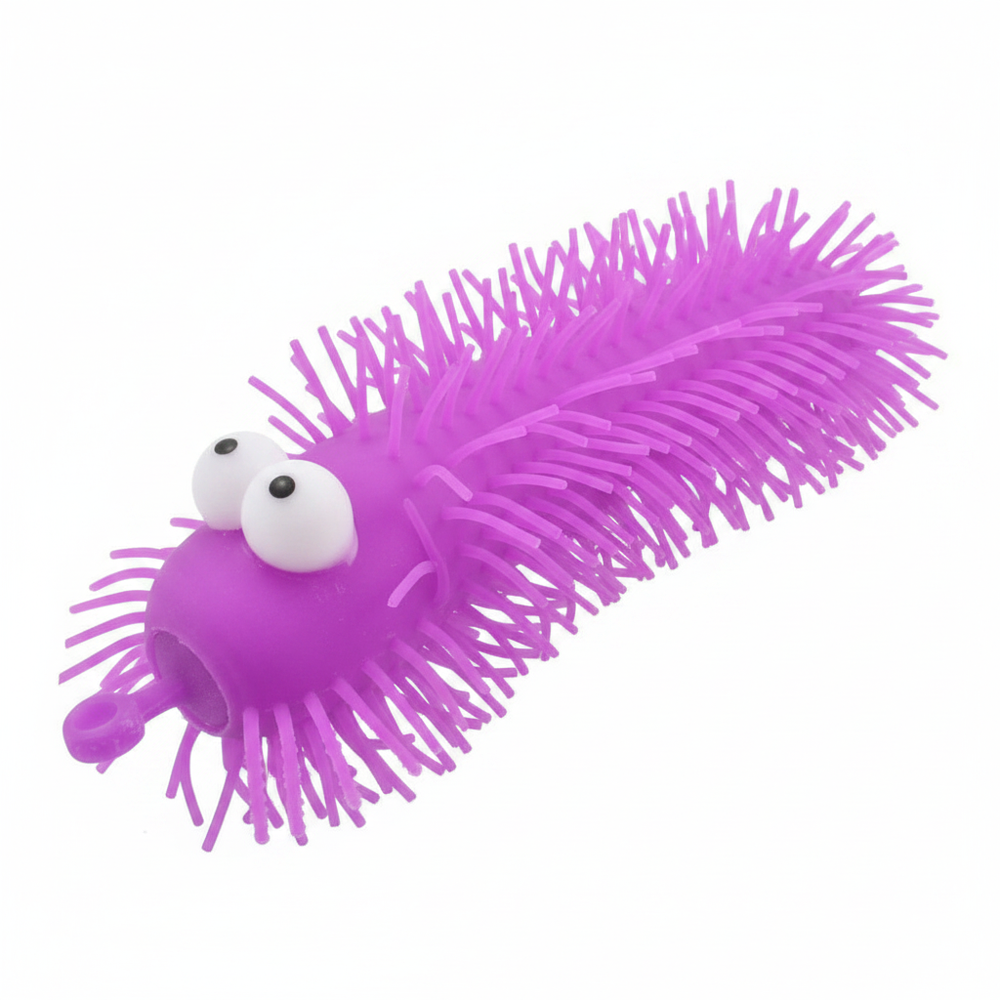 Big Eye Puffer Caterpillar light-up squeeze toy in purple on a pure white background, Amazon and eBay compliant hero shot