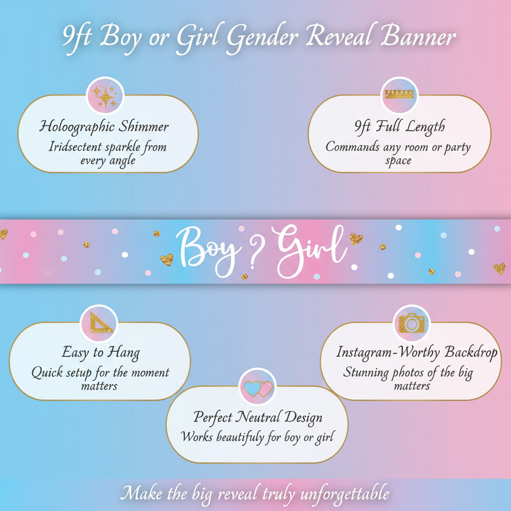 9ft Boy or Girl Gender Reveal Holographic Banner – pastel blue to pink ombre banner with white script text, gold glitter hearts and polka dots, 9ft length, perfect gender reveal party decoration and Instagram photo backdrop