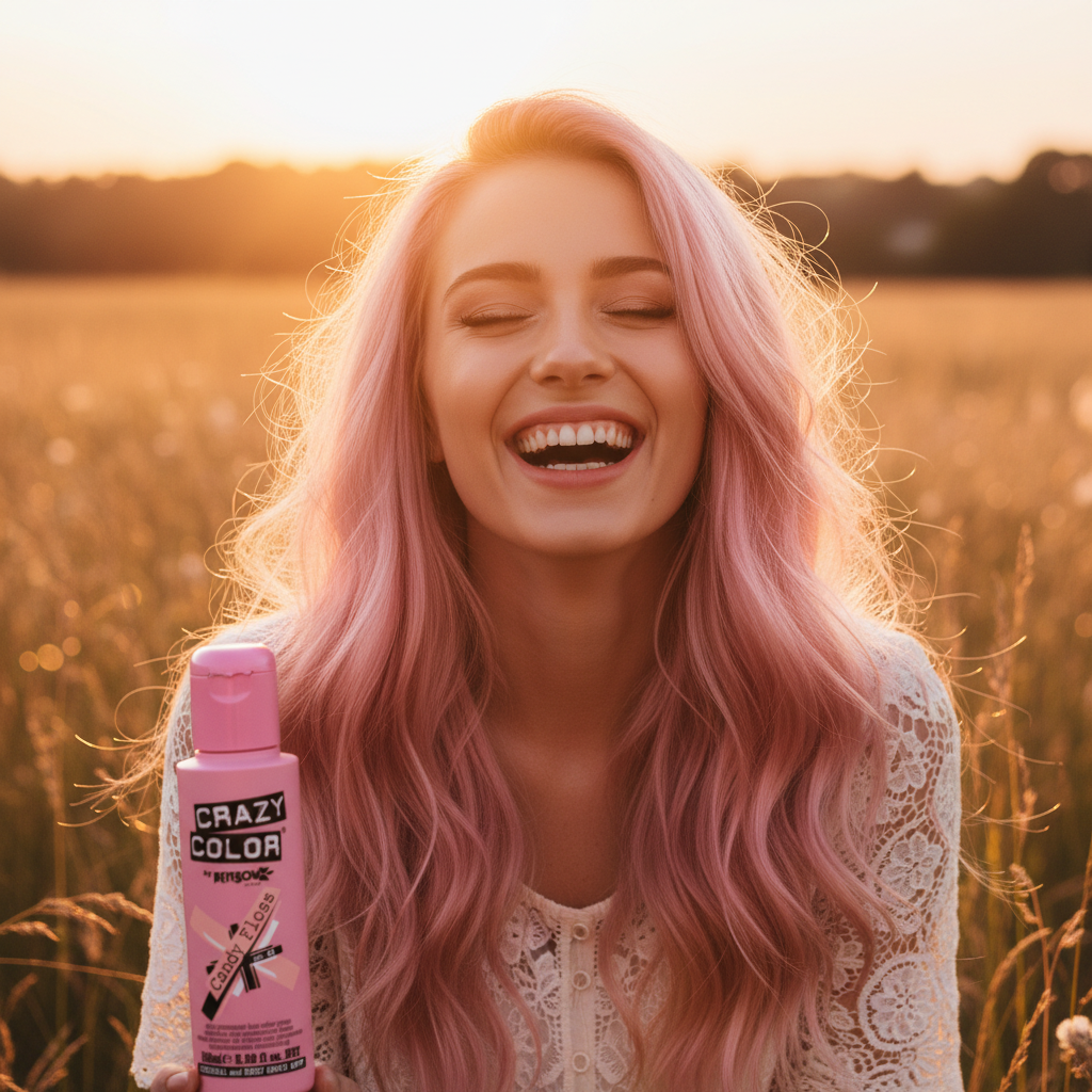 Young woman with vibrant candy floss pink hair laughing in golden hour light showing the results of Crazy Color No.65