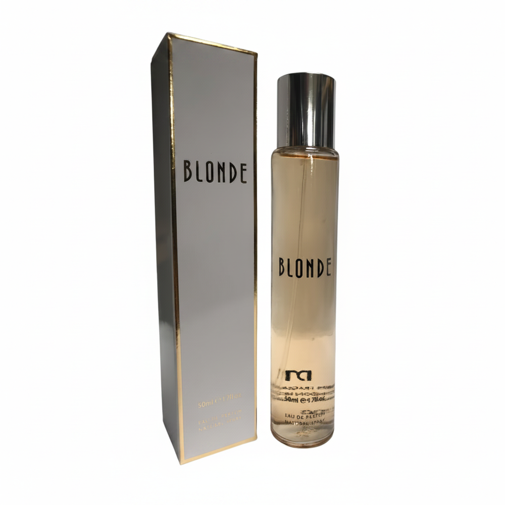 D&M Fragrances Blonde 50ml Eau De Parfum spray bottle and box on pure white background — Amazon and eBay compliant hero shot