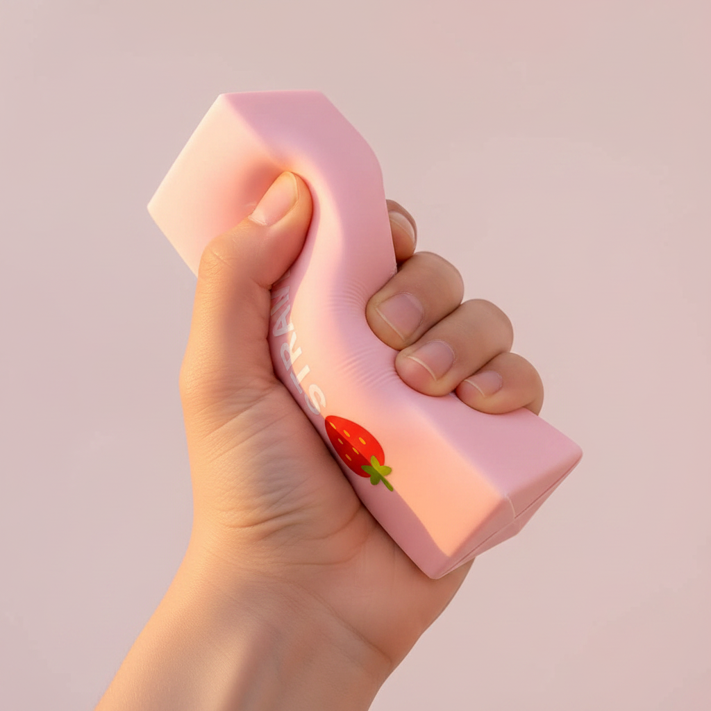 Close-up of child's hand squeezing and deforming the soft pink Squishy Strawberry Butter Sticks toy
