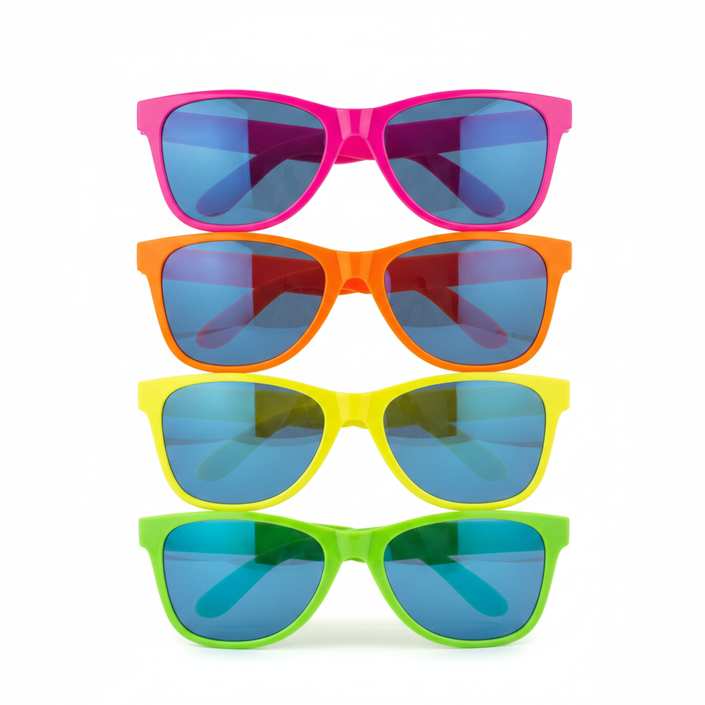 Giant plastic clown neon glasses in assorted colours — hot pink, orange, yellow and green — on white background