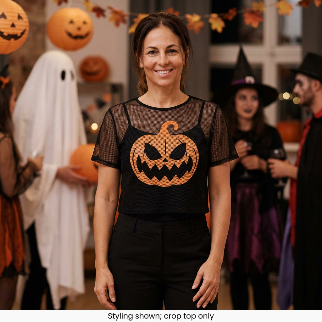 Adult woman wearing the pumpkin mesh crop top over a black camisole with black trousers at an indoor Halloween gathering.