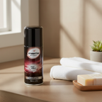 Insette Safari 150ml mens body spray styled on bathroom countertop with towel and succulent, natural window light