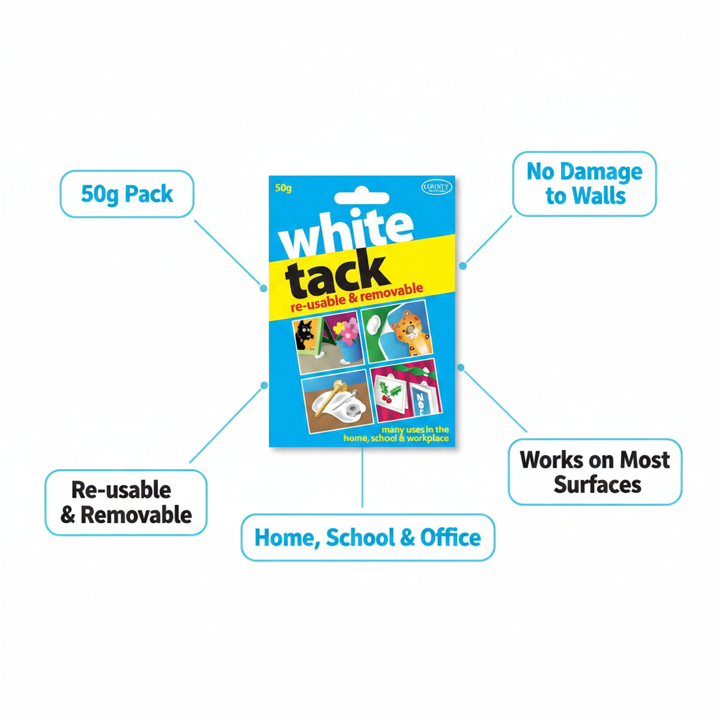 White Tack 50g infographic showing 50g pack, re-usable, no damage, multi-surface and home school office features