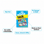 White Tack 50g infographic showing 50g pack, re-usable, no damage, multi-surface and home school office features