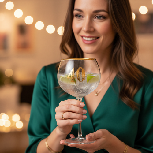 Woman holding Art Deco 40th Birthday Gin Glass filled with gin and tonic, celebrating her 40th birthday, candid lifestyle shot