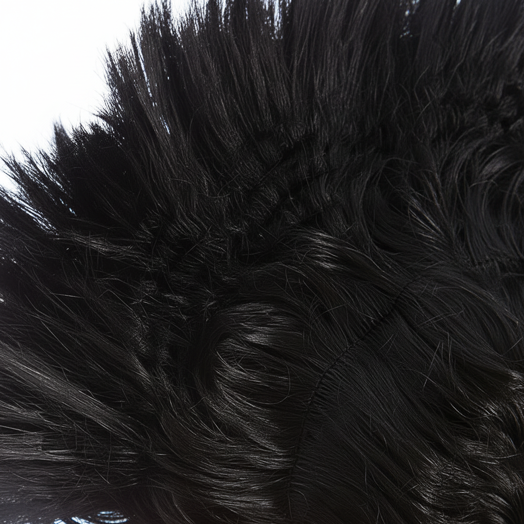Extreme macro close-up of black mohawk wig spiky hair strands showing texture and synthetic fibre quality