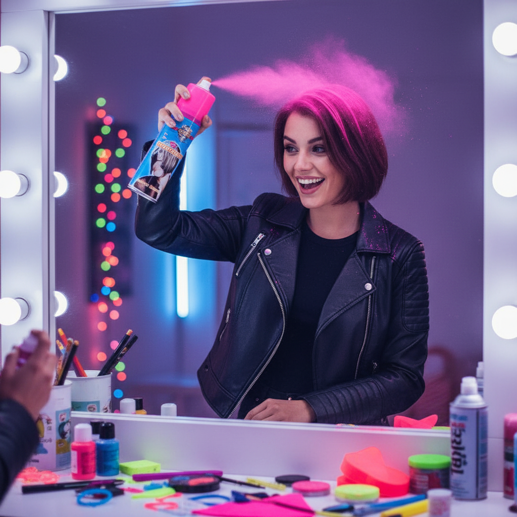 Person applying Party Success fluorescent pink hair spray - easy application for UV glow effect