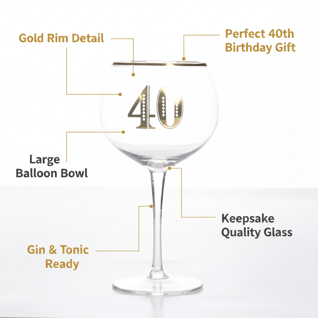 Art Deco 40th Birthday Gin Glass feature infographic showing gold rim detail, large balloon bowl, perfect 40th birthday gift, keepsake quality glass, gin and tonic ready