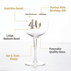 Art Deco 40th Birthday Gin Glass feature infographic showing gold rim detail, large balloon bowl, perfect 40th birthday gift, keepsake quality glass, gin and tonic ready