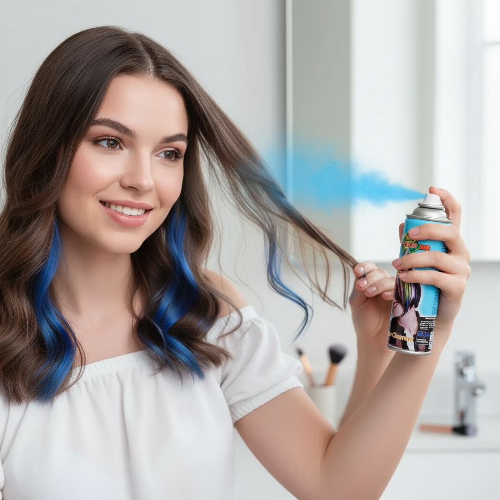 Person applying Party Success blue temporary hair colour spray - easy application for instant transformation
