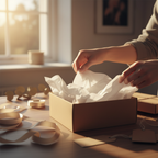 Hands wrapping a gift with white tissue paper in a cosy home setting, golden hour light, warm lifestyle photography
