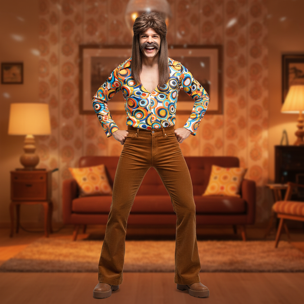 Man fully transformed in 70s costume wearing brown mullet wig and moustache with retro outfit