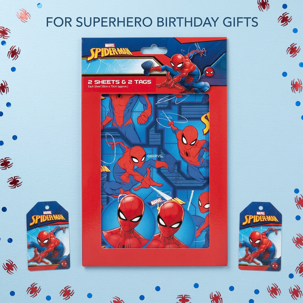 Spider-Man gift wrap set on a pale blue birthday-themed background
