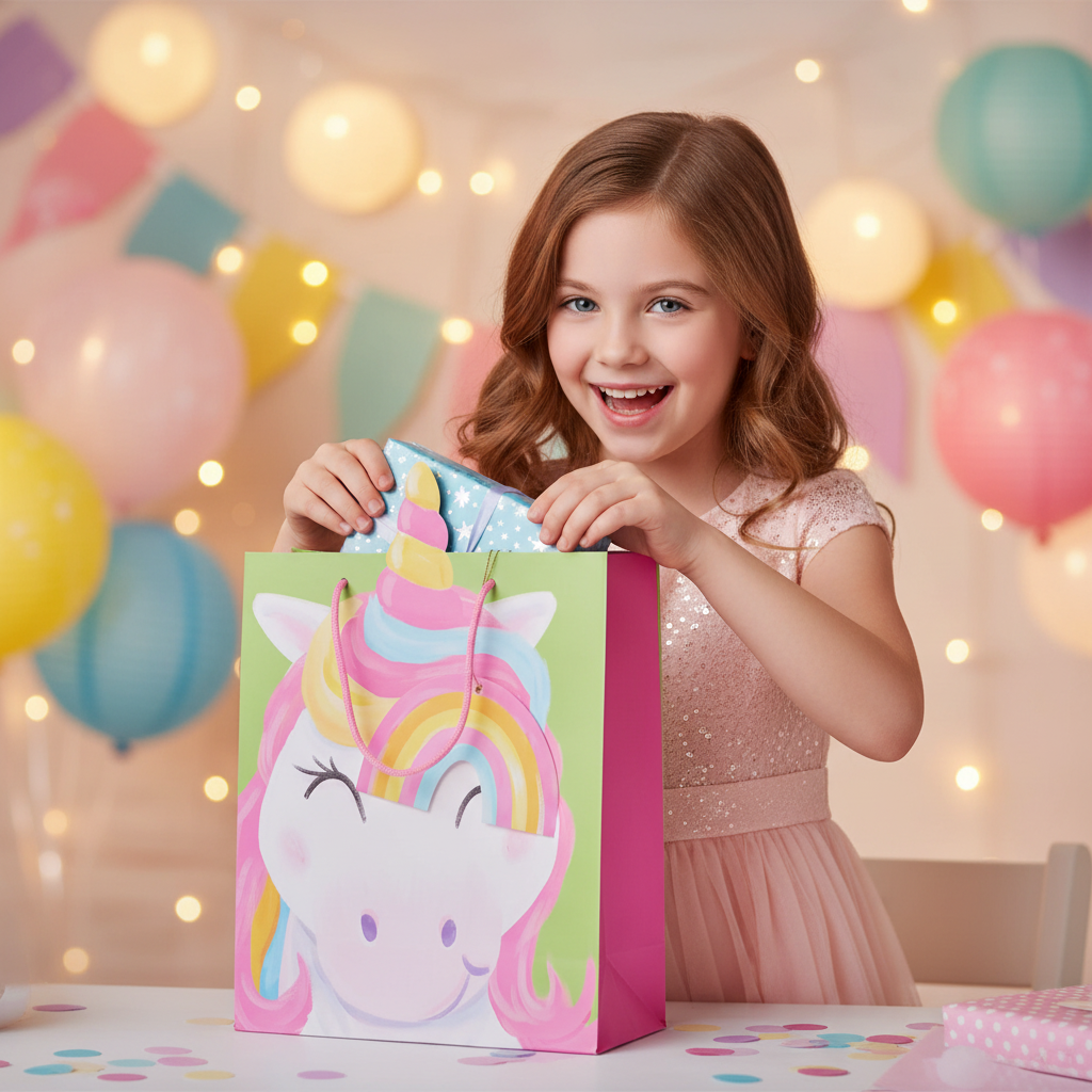 Excited young girl opening a kids unicorn gift bag at a magical birthday party