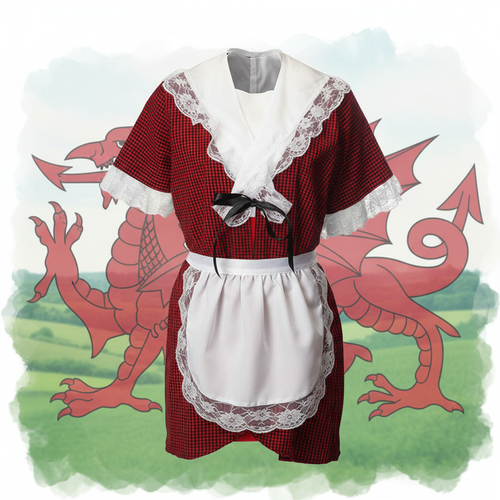 Traditional Welsh child costume in red checked fabric with white lace trim, apron and black ribbon for ages 5-6 years