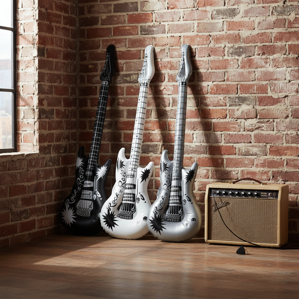 4 metallic inflatable rock n roll guitars leaning against a brick wall in a music room with natural window light