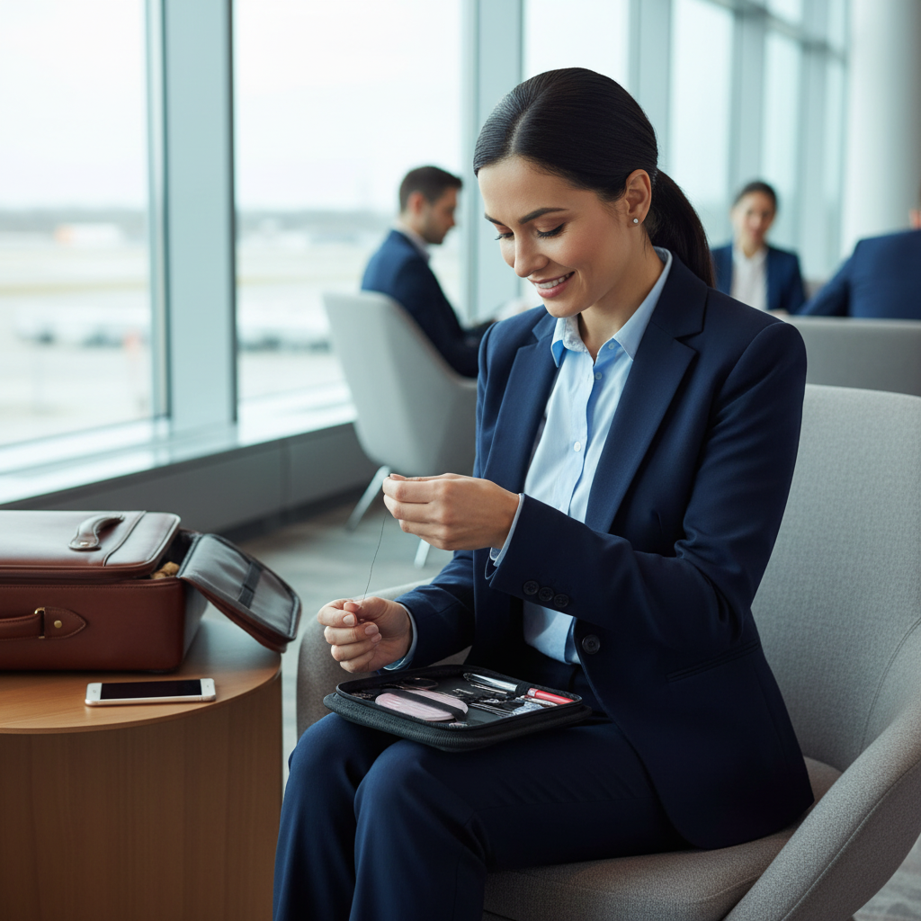 Business traveler using compact black sewing kit in hotel room for emergency clothing fix