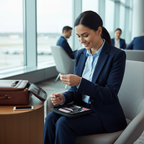 Business traveler using compact black sewing kit in hotel room for emergency clothing fix