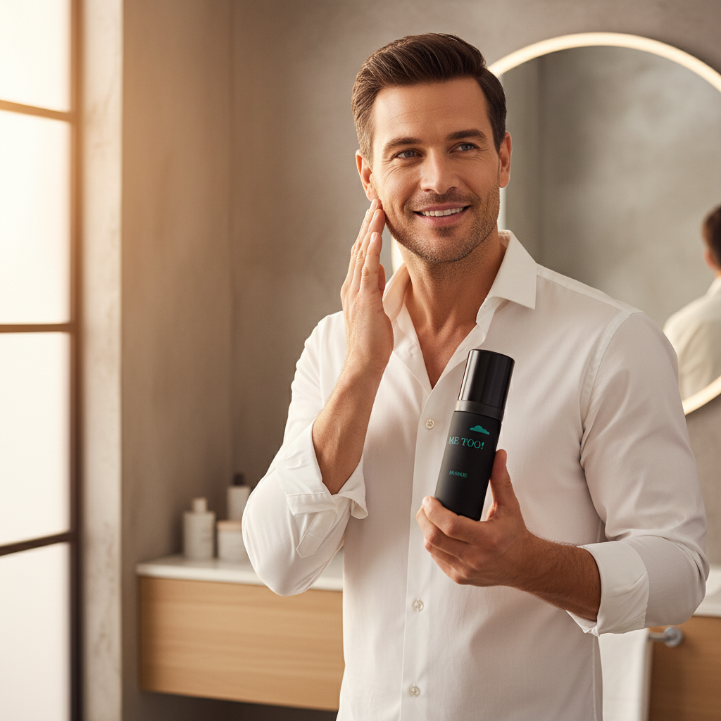 Confident man applying Milton Lloyd Me Too Homme aftershave in modern bathroom