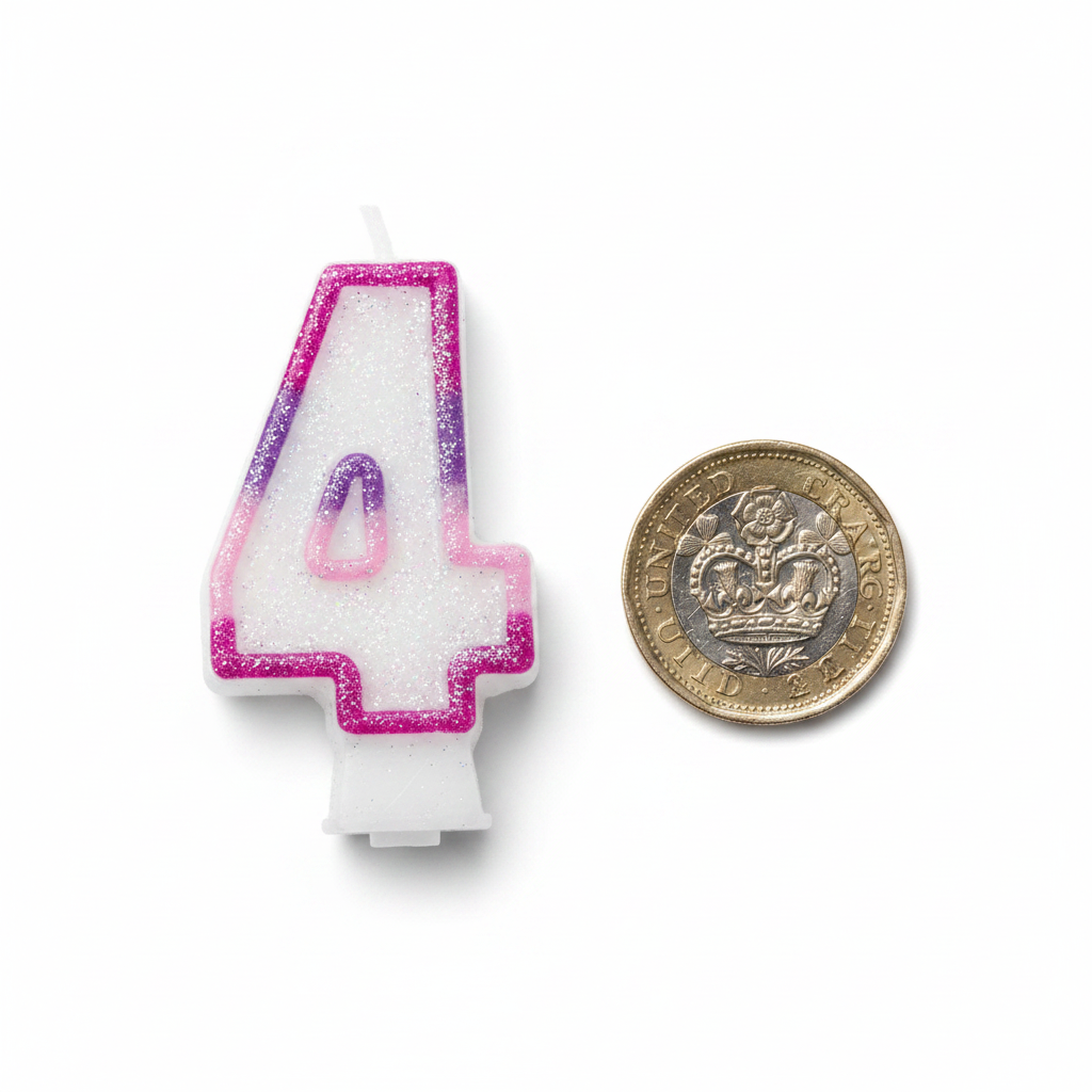 Pink glitter number 4 birthday candle flat lay beside a £1 coin showing product scale, white background overhead lighting