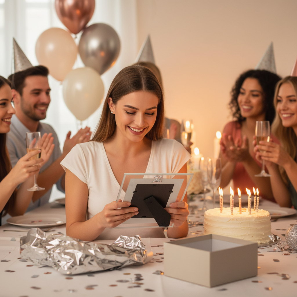 Woman unwrapping Milestones Silver Age 21 Photo Frame at 21st birthday party celebration