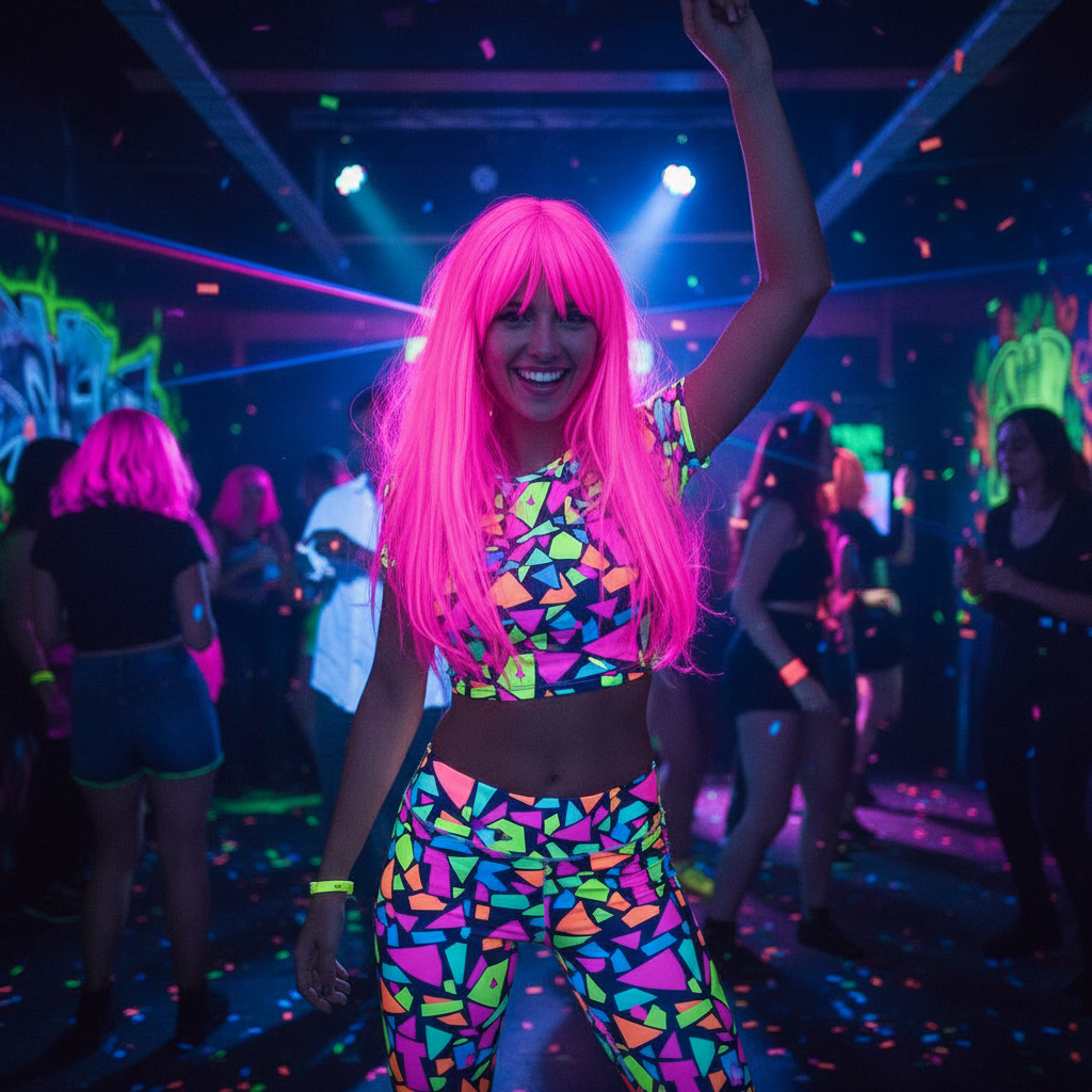 Woman with glowing fluorescent pink hair at UV neon party using Party Success hair spray