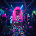 Woman with glowing fluorescent pink hair at UV neon party using Party Success hair spray