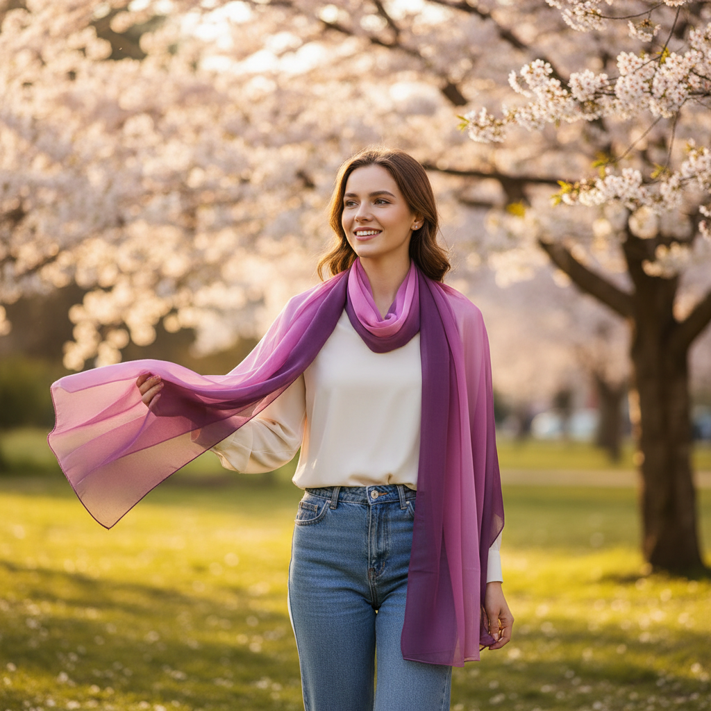 Stylish woman wearing lightweight gradient purple chiffon neck scarf walking through blooming spring park