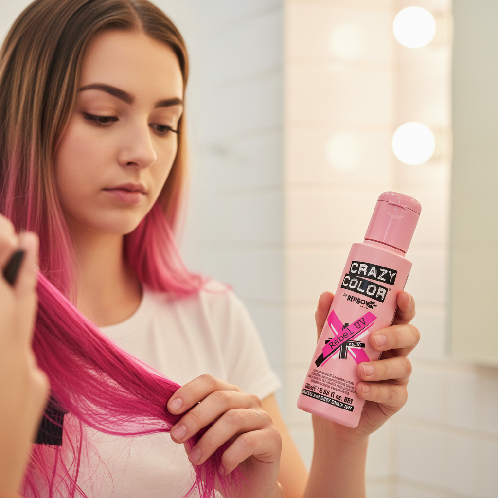 Woman applying Crazy Color Rebel UV Neon Pink hair dye at home - authentic application moment