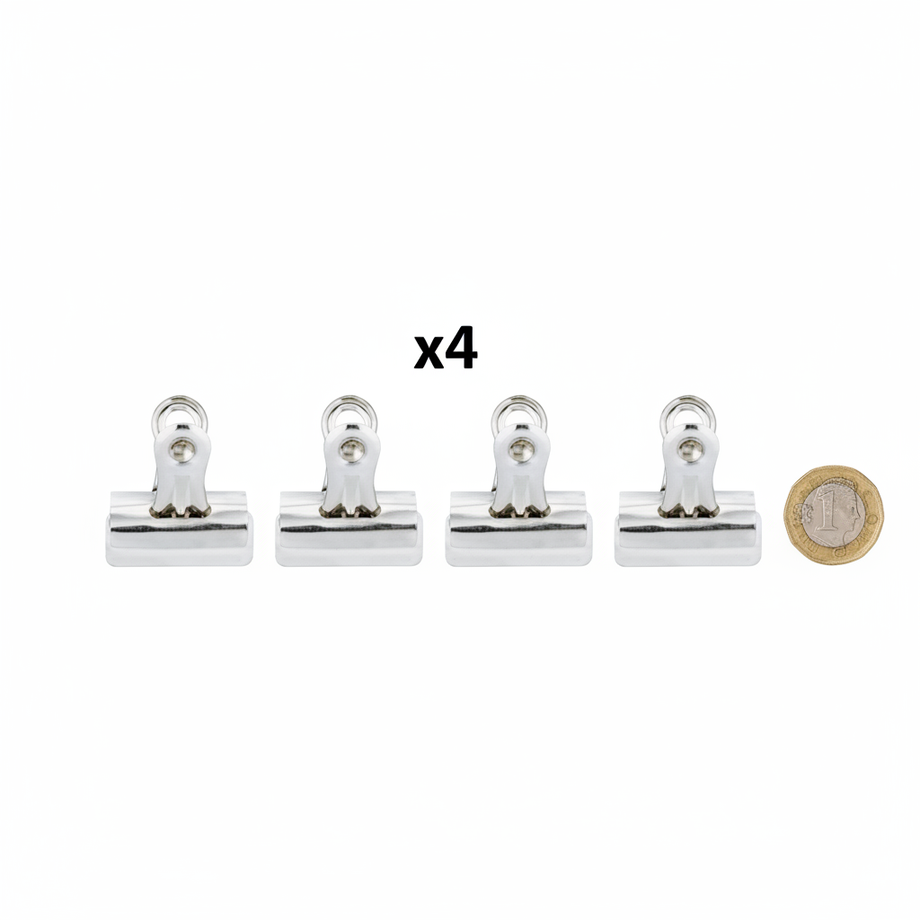 Tiger Binder Letter Clips 30mm Pack of 4 - flat lay beside a £1 coin showing scale, all 4 chrome silver clips on white background