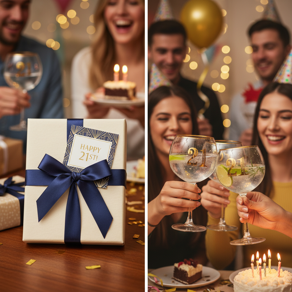 Art Deco 21st Birthday Gin Glass beautifully gift wrapped with birthday card and ribbon, perfect 21st birthday gift