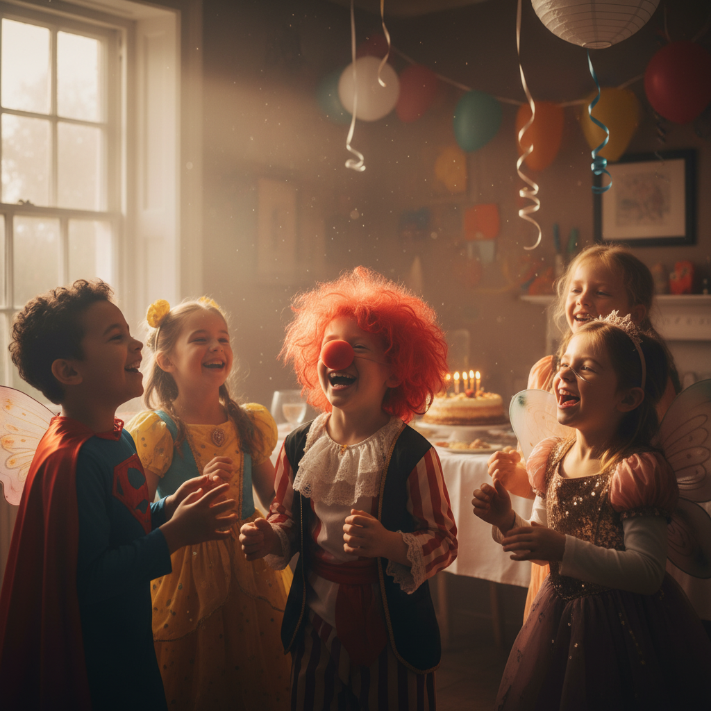 Children laughing at fancy dress party wearing red sponge clown noses with red hair spray