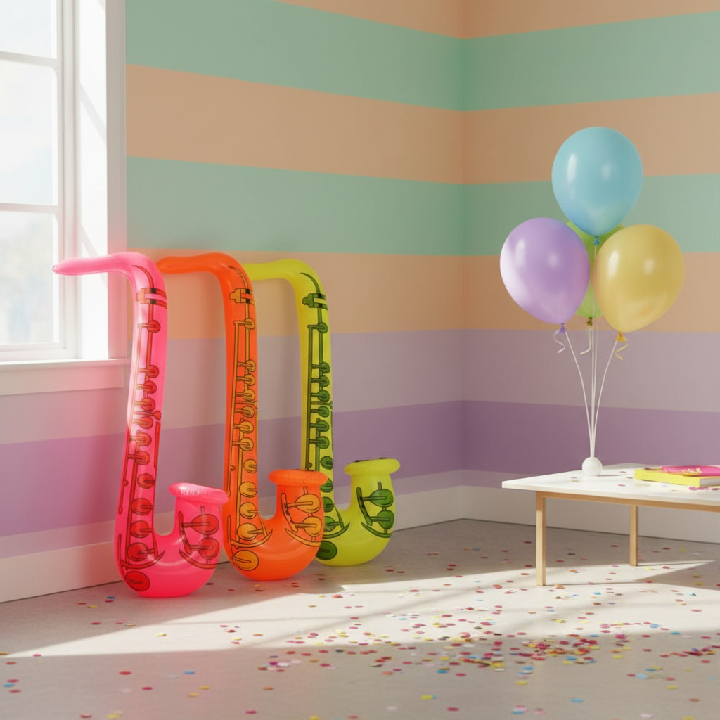 All four neon inflatable saxophones leaning against a pastel wall with balloons and confetti in a party venue setting