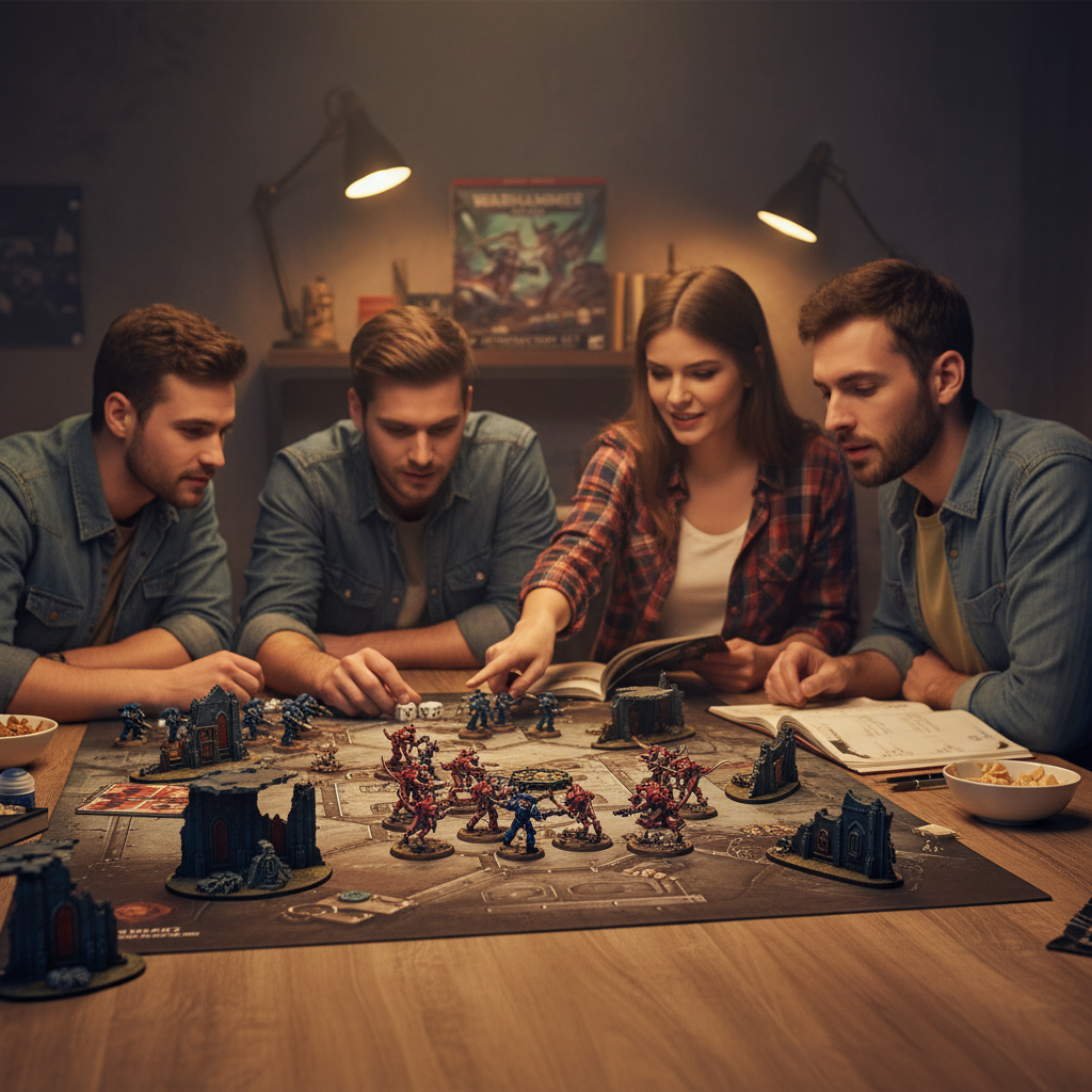 Friends playing Warhammer 40,000 tabletop game with miniatures and terrain
