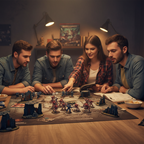 Friends playing Warhammer 40,000 tabletop game with miniatures and terrain