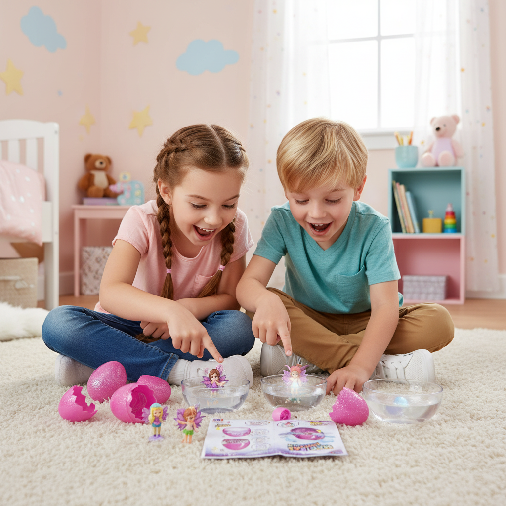 Two children sitting together excitedly opening Magical Kingdom Enchanted Eggs and collecting mystery figures inside
