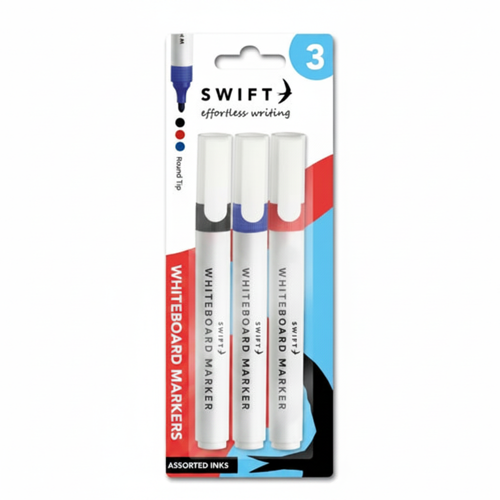 Swift Assorted Colour Whiteboard Markers 3 Pack on pure white background - Amazon hero shot showing black, blue and red cap markers in retail packaging