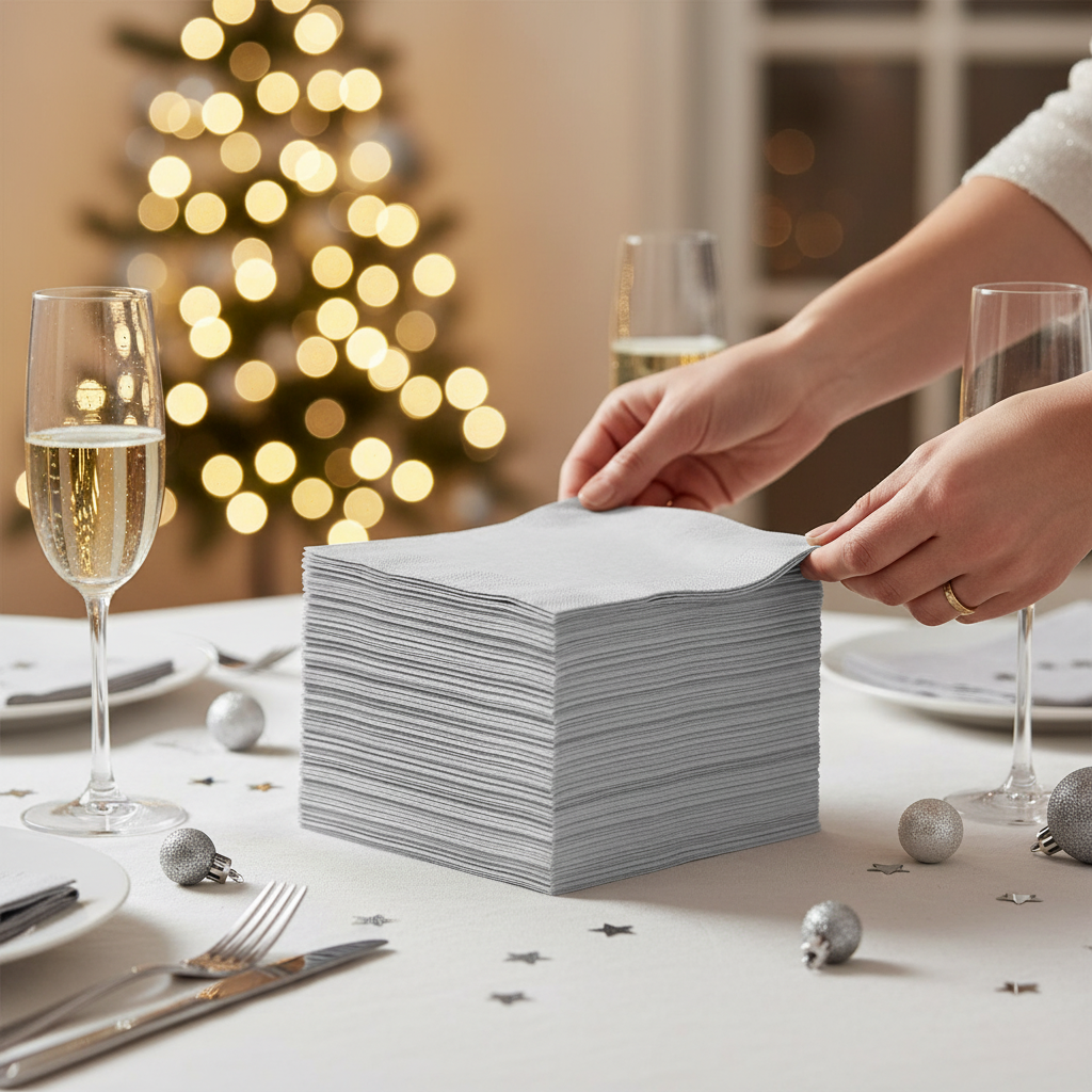 Silver luncheon napkins stacked on a festive Christmas New Year celebration table with fairy lights