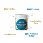 La Riche Directions Lagoon Blue Hair Dye 88ml feature infographic showing vegan formula, conditioning base, 88ml size and fade-resistant colour