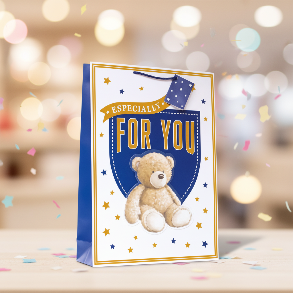 Medium multi-coloured bear gift bag 9x7 inch product shot with celebration background