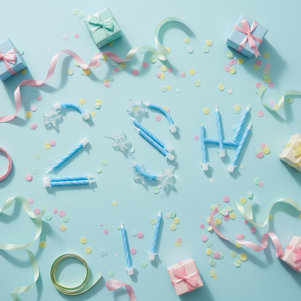 Flat lay of blue party candles 24 pack with holders arranged on a pastel party table with confetti and gifts