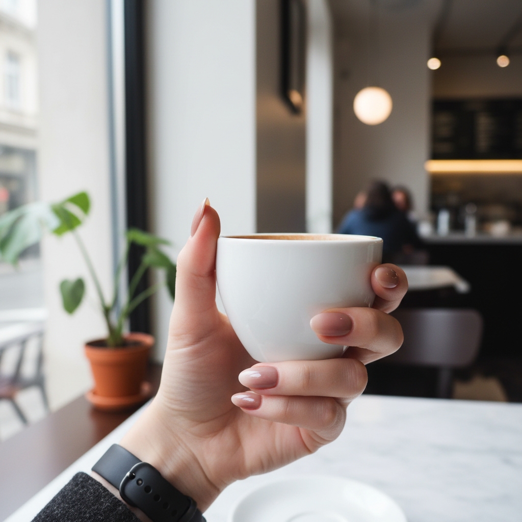 Woman wearing Technic Almond Nude Rainbow false nails holding coffee cup in cafe
