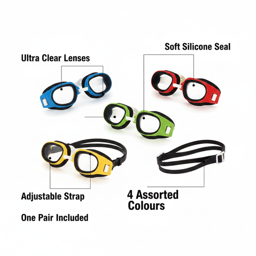 Osprey Kids Swimming Goggles feature infographic showing ultra clear lenses, soft silicone seal, adjustable strap and assorted colours