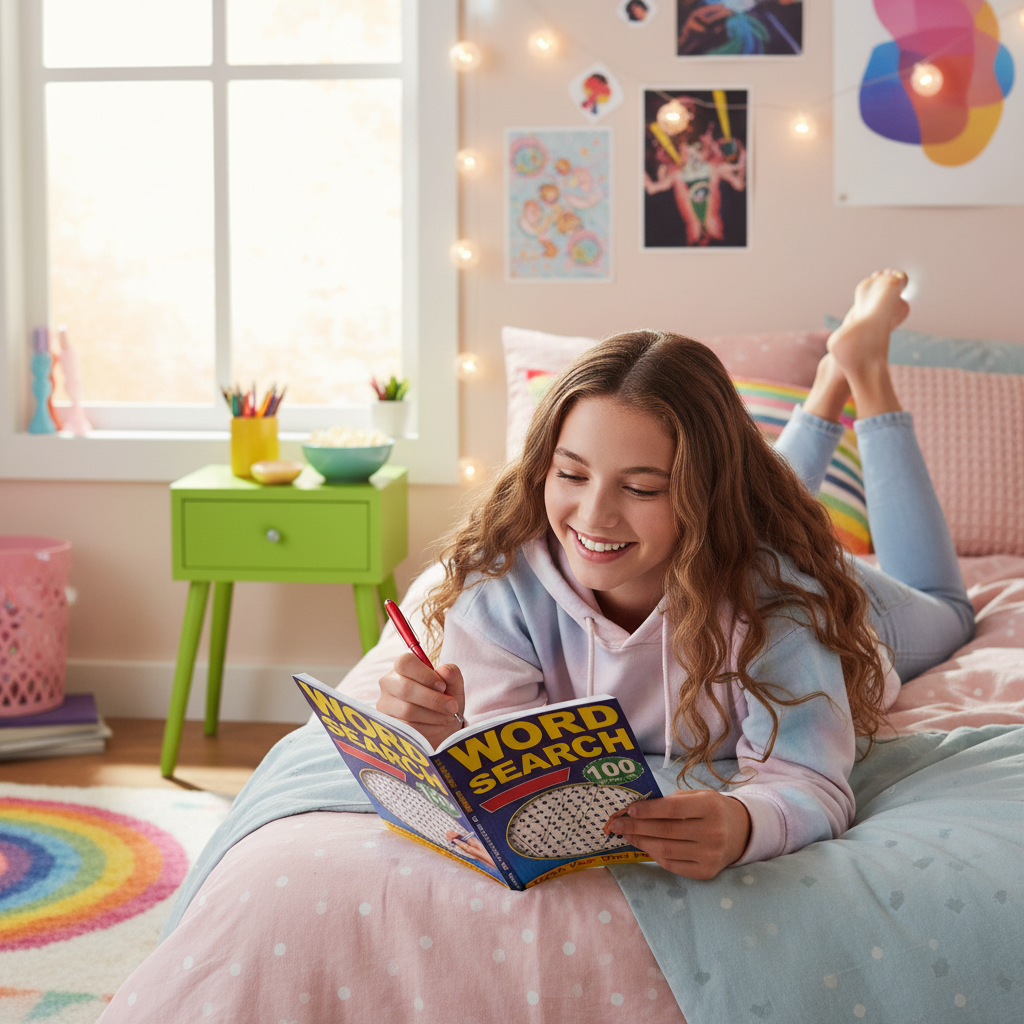 Teenage girl lying on her bed having fun with a Brain Games Word Search puzzle book