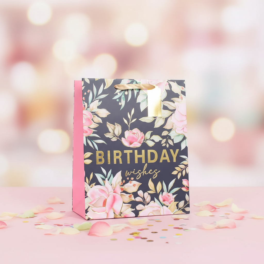 Small pink multi-coloured floral birthday gift bag 6x4.5 inch product shot on pastel background