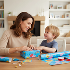Parent and child wrapping birthday present with Peppa Pig wrapping paper at home