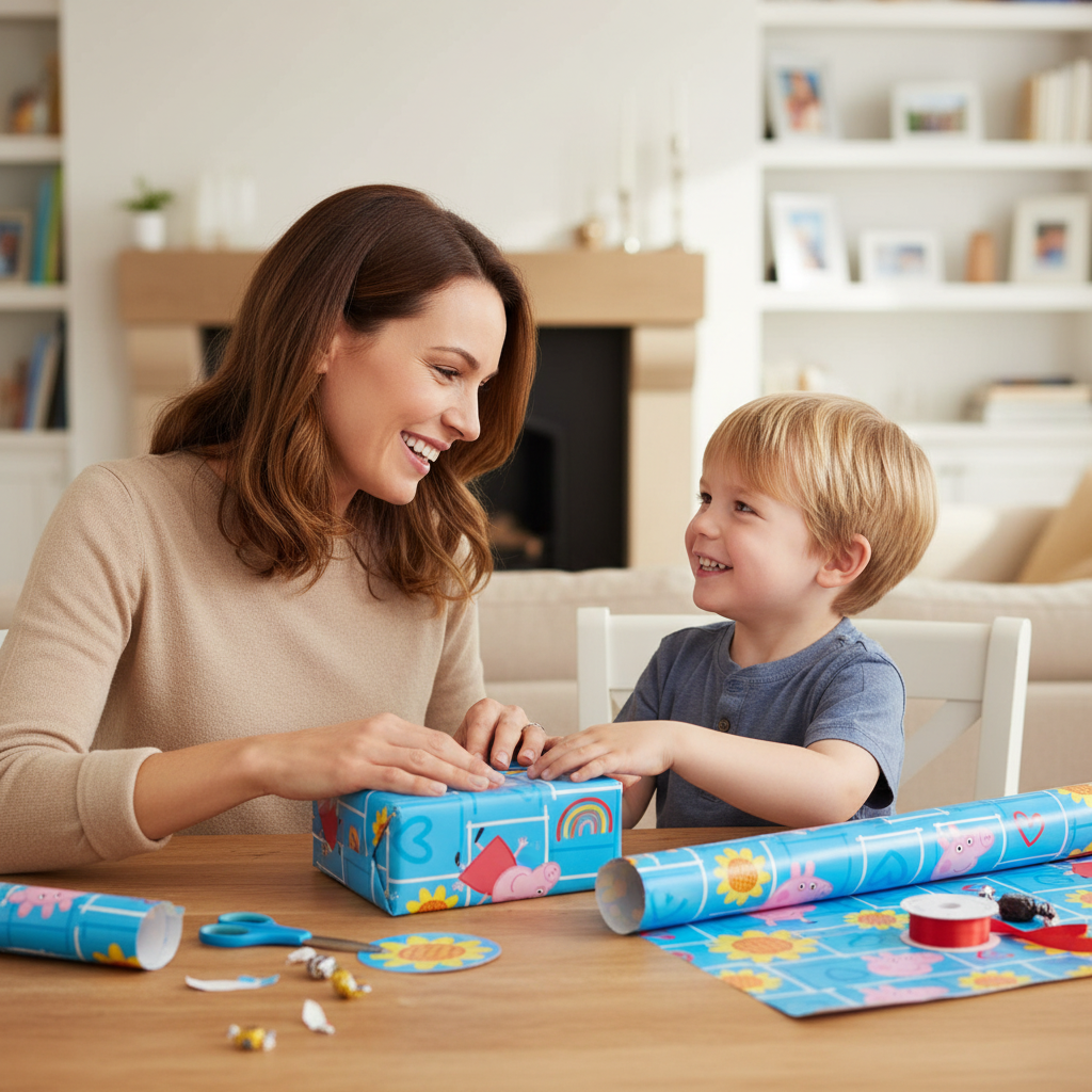 Parent and child wrapping birthday present with Peppa Pig wrapping paper at home